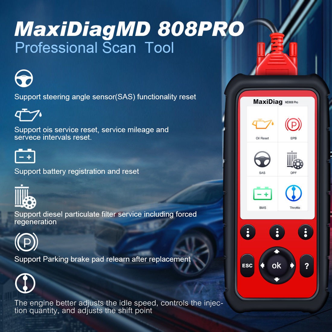 Autel Maxidiag MD808 Pro All System OBDII Scanner Oil Reset Registration, Parking Brake Pad Relearn, SAS, SRS, ABS, EPB, DPF, BMS