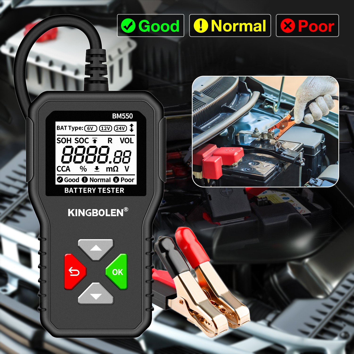 BM550 سيارة جهاز اختبار بطارية OBD2 6V 12V 24V 100-2000 CCA 2Ah-220Ah نظام البطارية كشف السيارات مُحلل بطارية تشخيص أداة # KL1