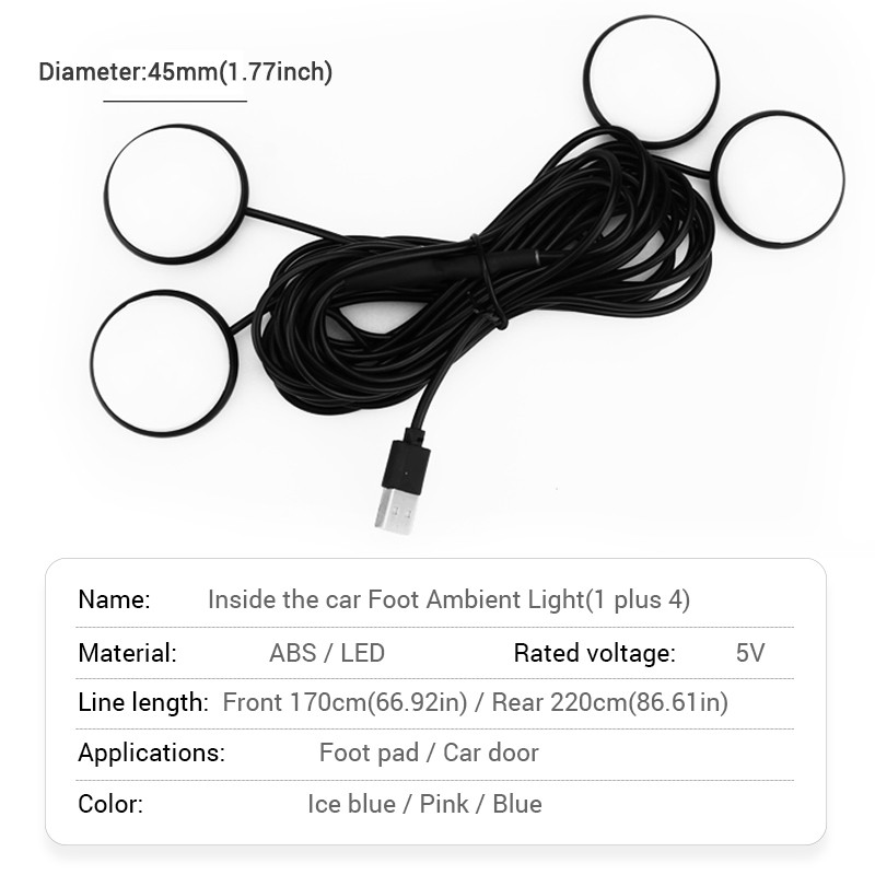 Blalion 4in1 Led ضوء السيارة الداخلية أحادية اللون USB القدم المحيطة مصباح 12 فولت LED مصباح الجو الأزرق/الجليد الأزرق/الوردي اكسسوارات السيارات