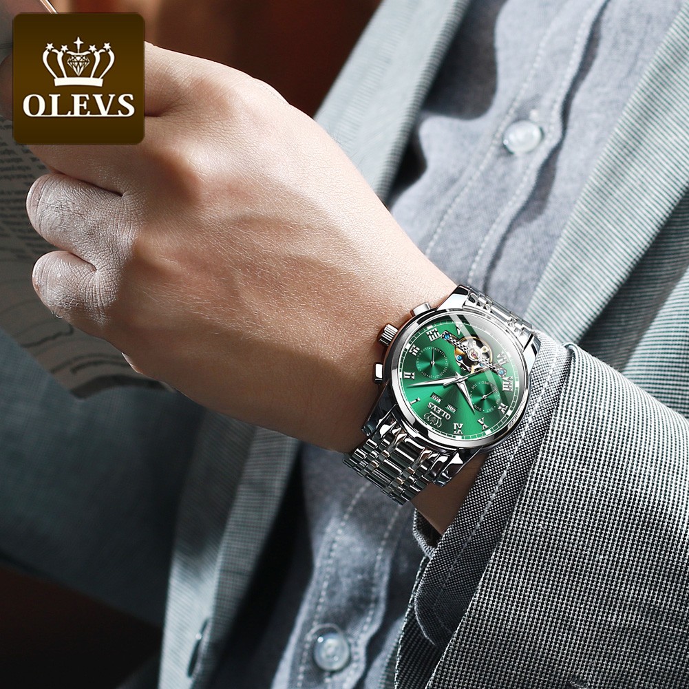 OLEVS Automatic Mechanical Men Watches Stainless Steel Waterproof Date Week Green Fascio Classic Wristwatches Reloj Hombre