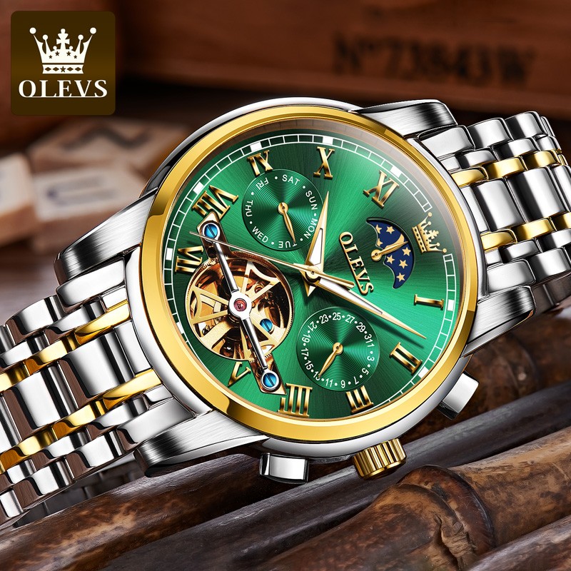 OLEVS-Men's Mechanical Watch, Classic, Water Resistant, Stainless Steel, Skeleton, Mechanical