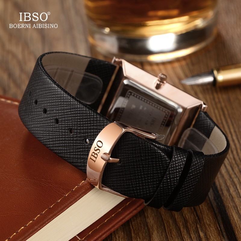 IBSO 7mm Ultra-thin Rectangle Dial Quartz Wristwatch Black Genuine Leather Strap Watch Men Business Classic Men's Quartz Watches