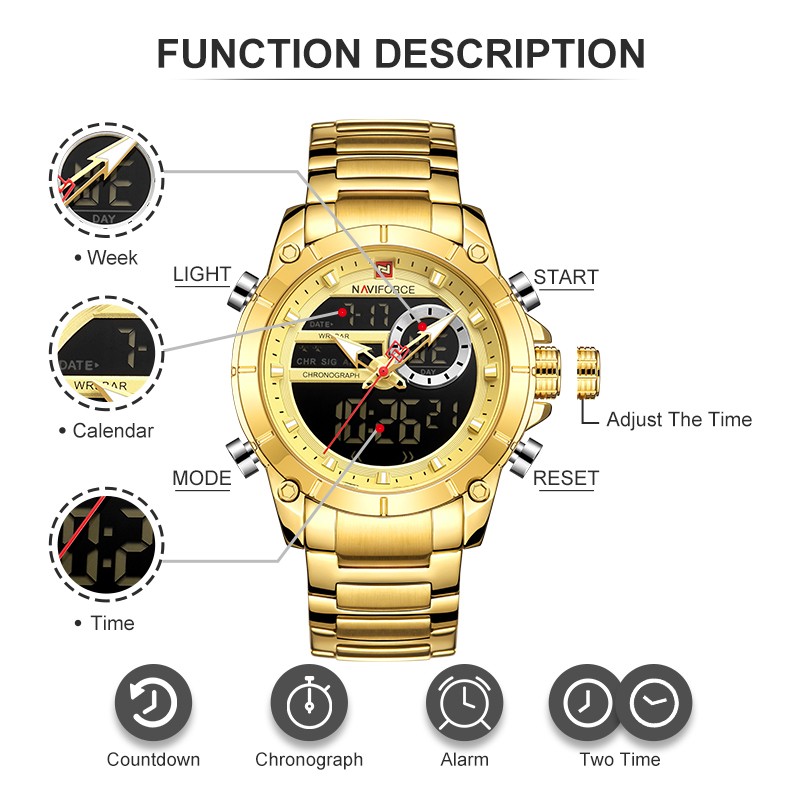 NAVIFORCE Men Military Sports Wrist Watch Gold Quartz Steel Waterproof Dual Display Male Clock Watches Relogio Masculino 9163