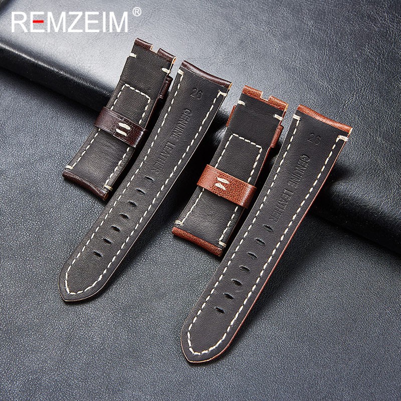 Remz Patterned - Genuine Leather Watch Strap, Brown, Green, Antique, 20, 22, 24, 26 mm, with Black and Silver Buckle