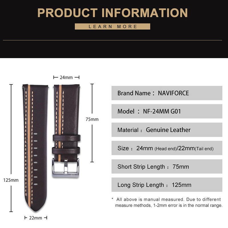 NAVIFORCE حقيقية الجلود الساعات الفاخرة عالية الجودة الرجال 24 مللي متر ساعة شريط للرسغ براون أسود أحمر أزرق حزام سوار عادية