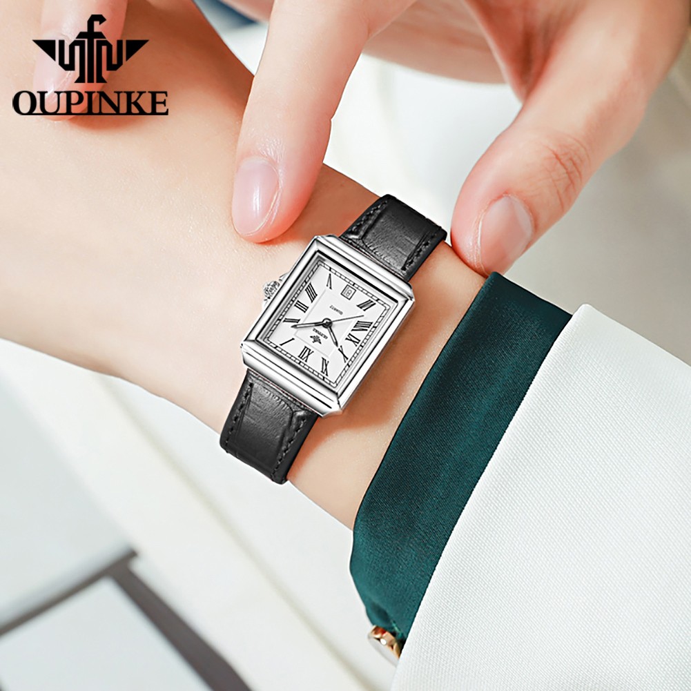 OUPINKE Luxury Brand Quartz Fashion Wrist Watch Casual Square Watch for Women Sapphire Leather Strap Dress Watch Ladies Gifts