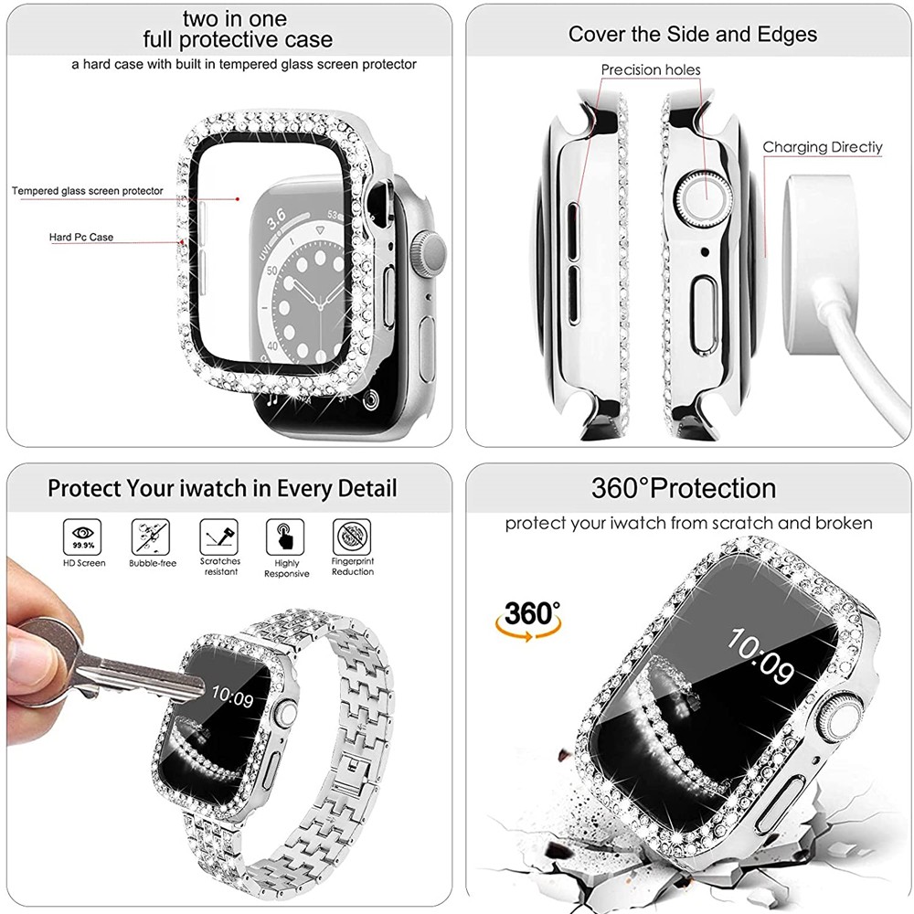 Women's Diamond Case + Strap for Apple Watch Band 7 6 41mm 45mm 40mm 44mm Metal Bracelet for iWatch Series 7 SE 3 Jewelry Cover