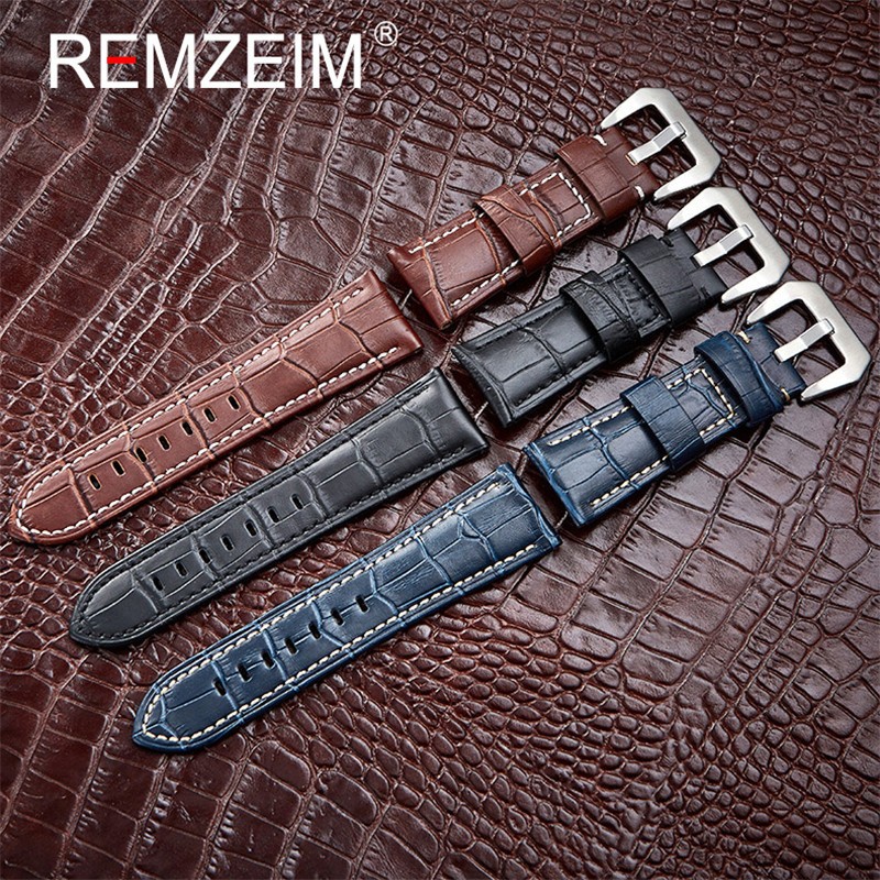 Remz Plaid - Genuine Leather Watch Strap, Blue Watch Strap, Solid Metal Buckle Watch Accessories, 20 22 24 26mm, New