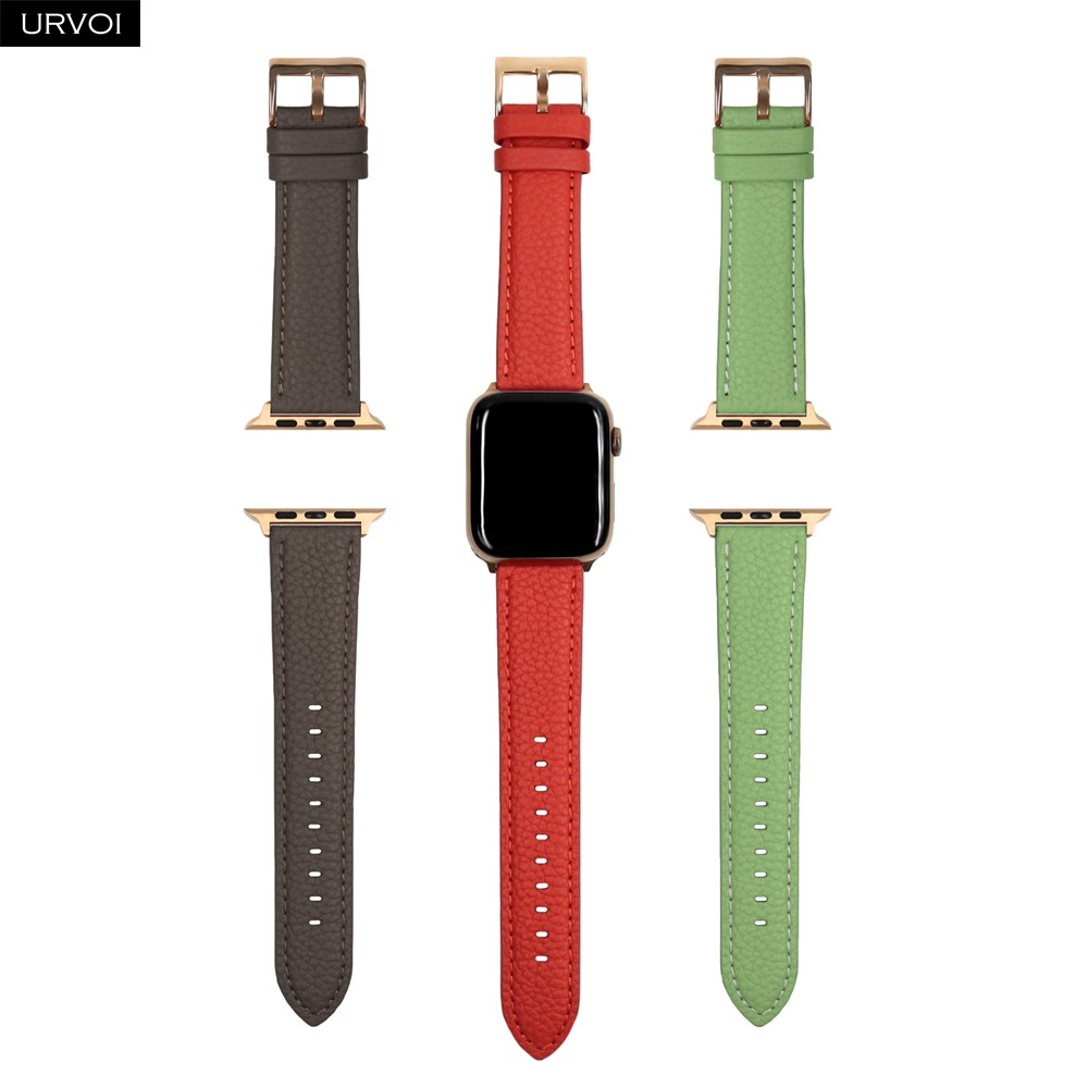 URVOI حزام ل أبل سلسلة ساعة 7 6 SE 5 4 3 2 1 حقيقية الليتشي الحبوب حلقة من جلد ل iWatch الأسود ارتفع الذهب مشبك 40 44 مللي متر