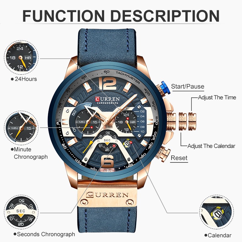 CURREN Men's Fashion Sport Watches Luxury Brand Military Style Leather Wrist Watch Chronograph Fashion