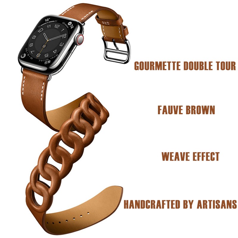 Gourmette Double Round Strap for Apple Watch Band 40mm 41mm 38mm 44mm 45mm 42mm Genuine Leather Bracelet iWatch serie 7 6 5 3 se