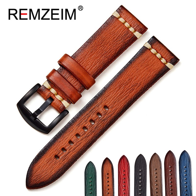 REMZEIM Retro Handmade Genuine Leather Strap Vegetable Tanned Leather Watchband 18 20 22 24mm High Quality Business Watch Band