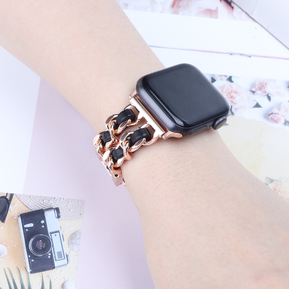 strap for apple watch series 7 band 41mm 45mm chain link leather bracelet for iwatch watchband 42mm 44mm 40mm 38mm SE 6 5 4 3 2