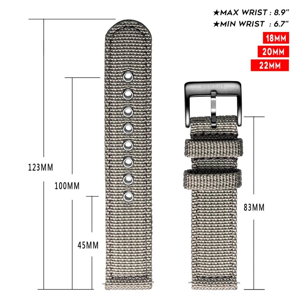 Hemsut Canvas Watch Bands Gray Quick Release Quality Nylon Watch Straps & Heavy Duty Brushed Buckle 18mm 20mm 22mm 24mm