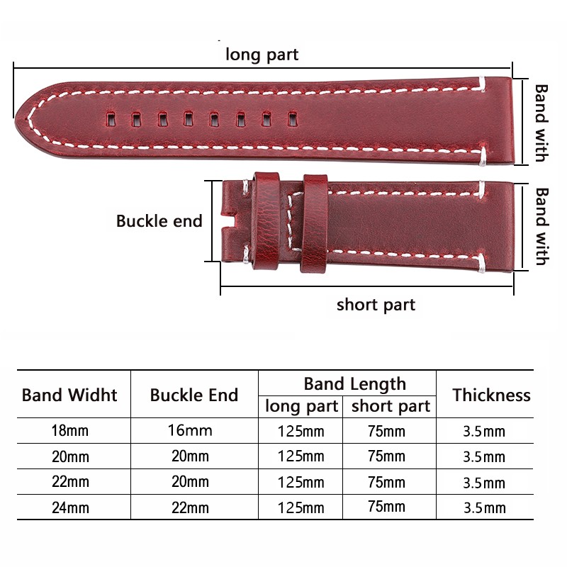 HENGRC - Genuine Cowhide Leather Watch Strap for Men and Women, Thickness 18, 20, 22, 24mm, Handmade, Retro, with Metal Buckles