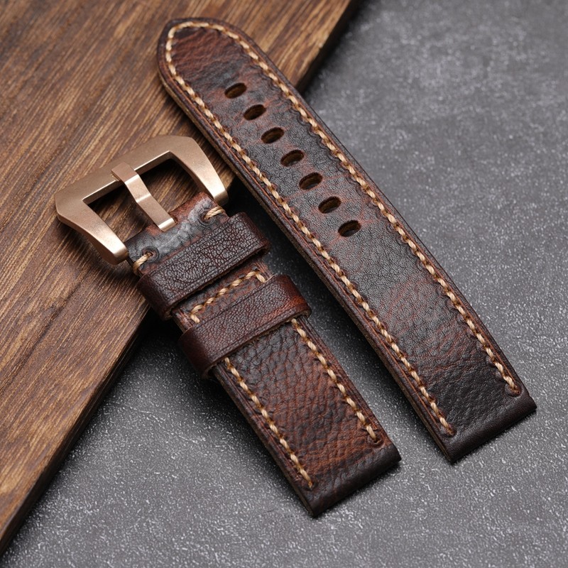 Men's watch with leather strap, brown and red, retro buckle, 20 22 24 26 mm, suitable for wristwatch