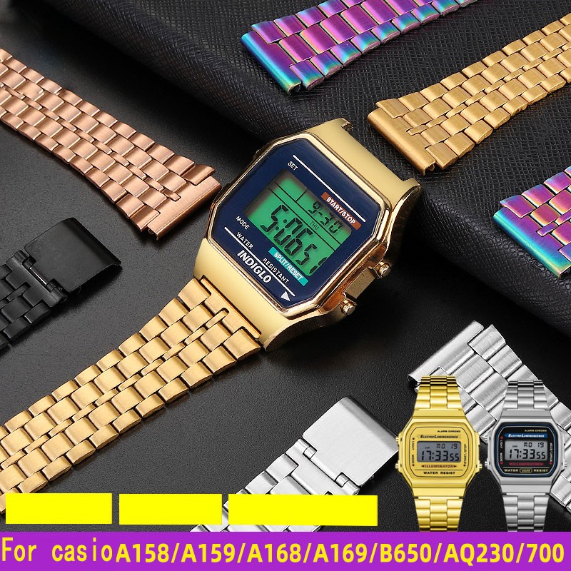 Casio Metal Wristband A158 / a159 / A168 /a169/b650 /aq230/ 700 Small Gold Watch Accessories Mouth18mm Convex Black Bracelet