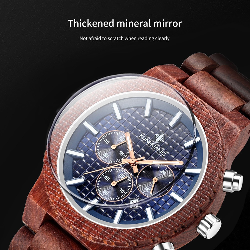 Kunhuang Luxury Elegant Men Wood Watch Military Chronograph Watches Quartz Relogio Masculino Custom Dropshipping