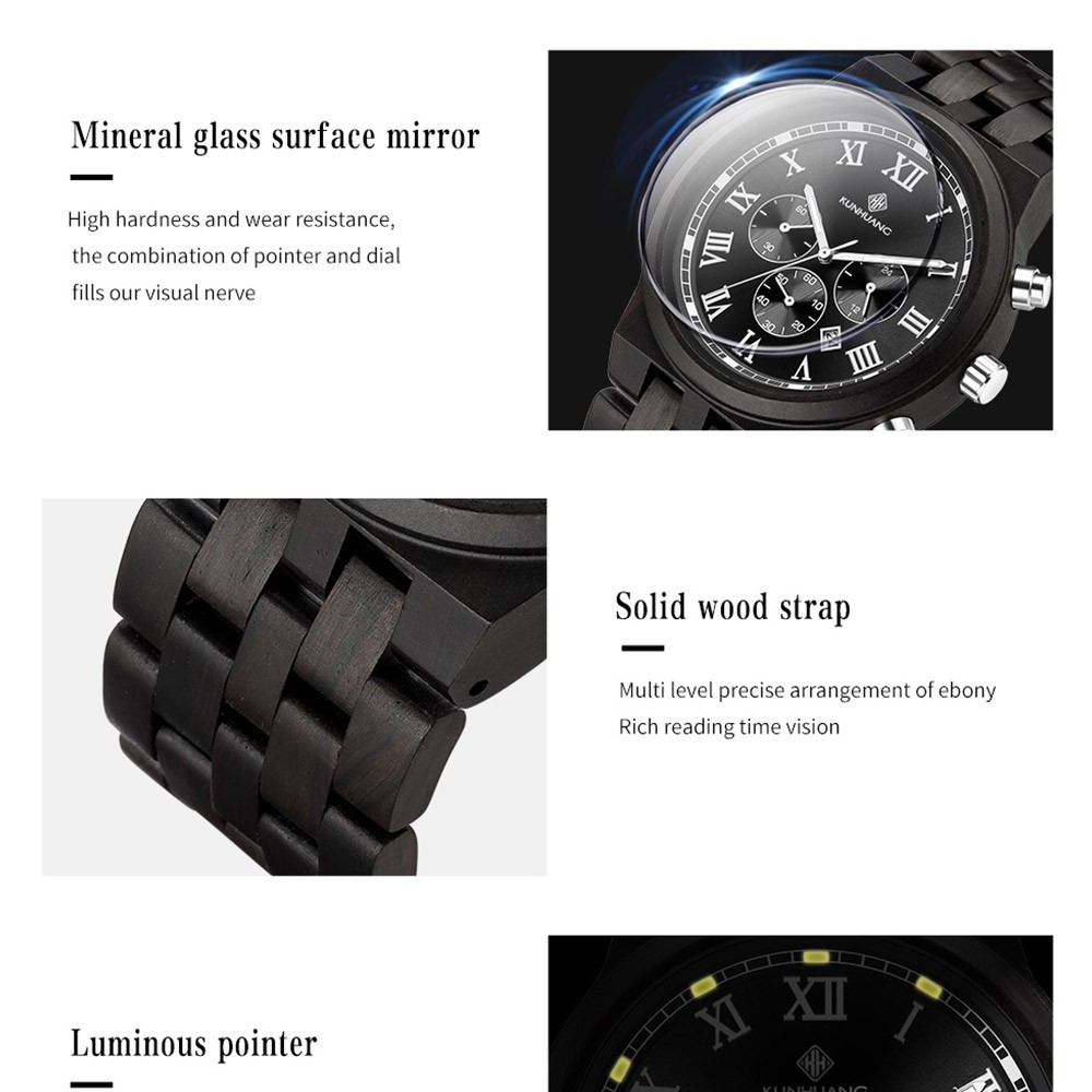 Kunhuang Wooden Men Watches Relogio Masculino Luxury Brand Stylish Chronograph Military Watch Great Gift for Man OEM