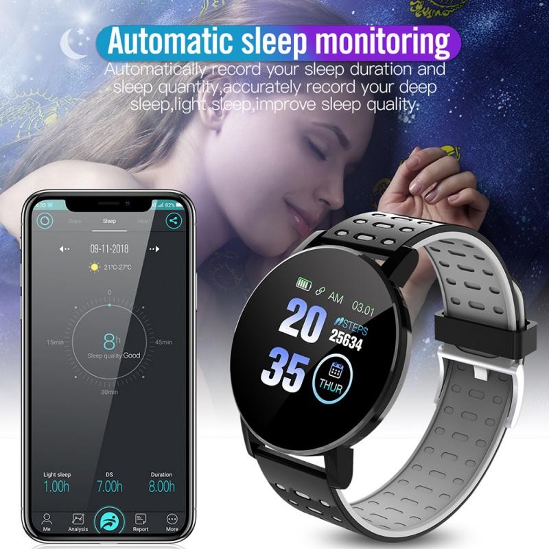 Smart Watch Blood Pressure Men Watch Round Message Reminder Fitness Tracker Smartwatch Women Bracelet for IOS Android 119 Plus