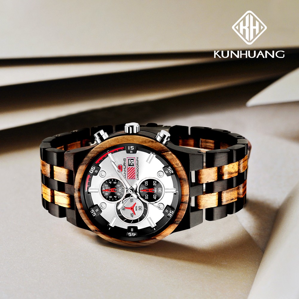 Kunhuang Wooden Mens Watch Luxury Elegant Wood Watches Chronograph Zebra Wood Quartz Watches in Wooden Gift Box reloj de hombre