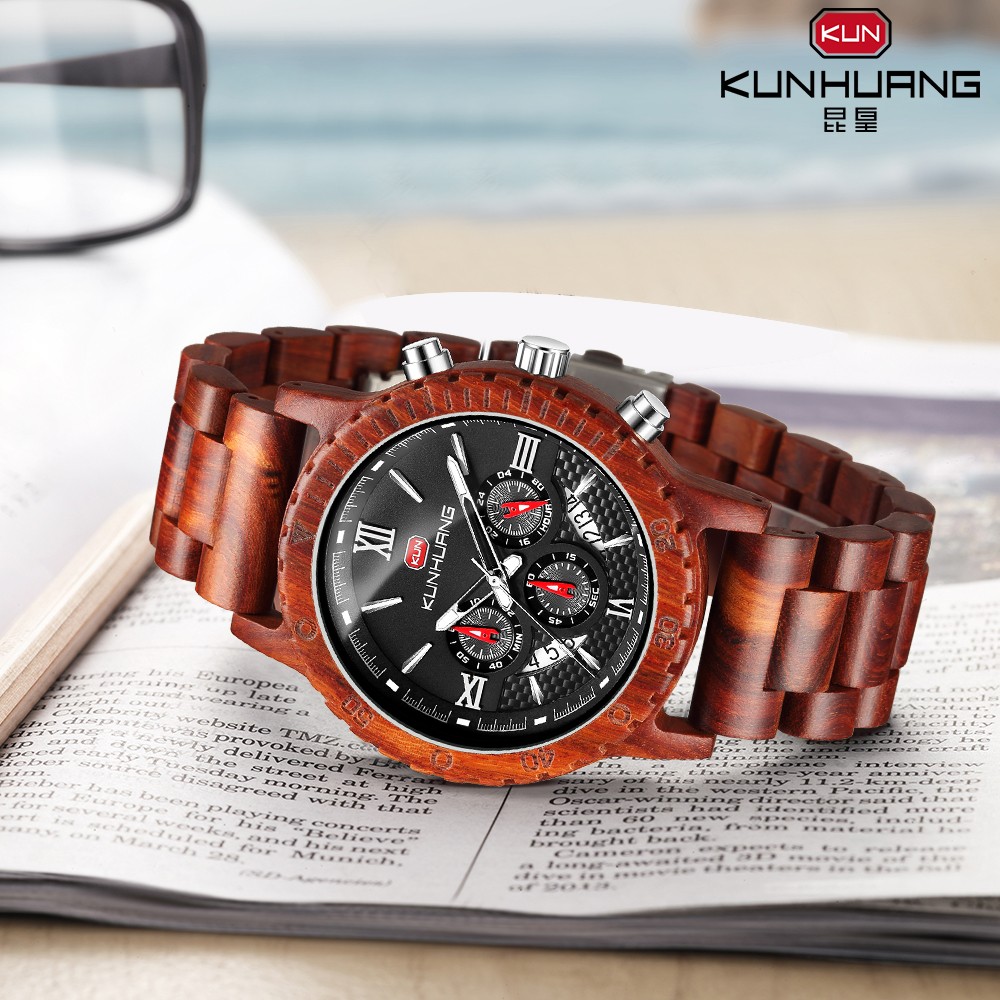 Kunhuang Luxury Brand Men's Watch Wooden Multifunctional Raw Quartz Watch High Strength Ebony Glass Case relógio masculino