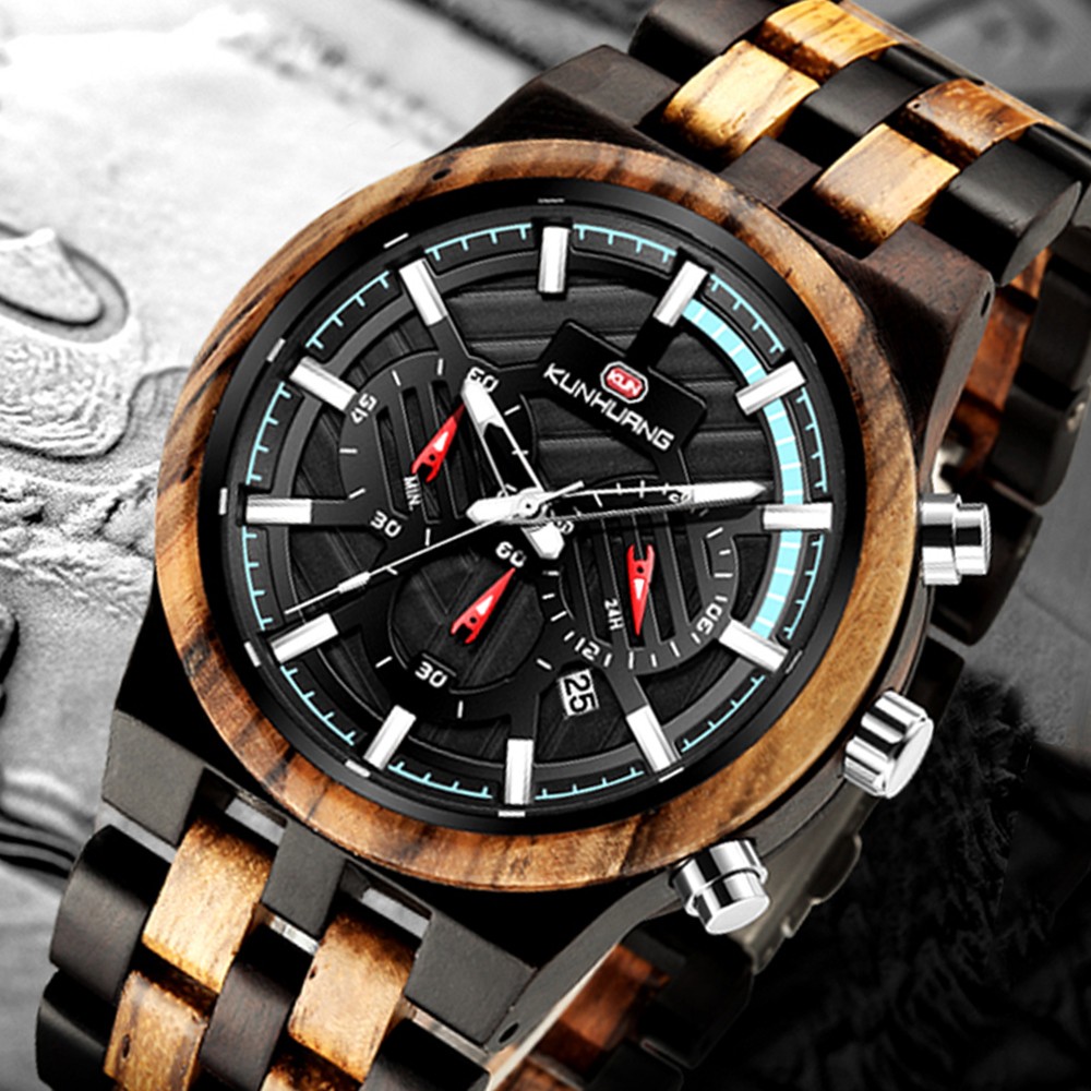 KUNHUANG Zebra Wood Men's Watch Luxury Brand Quartz Wrist Watches Wooden Gift Box Man Fashion Watch Dropshipping Herrenuhr