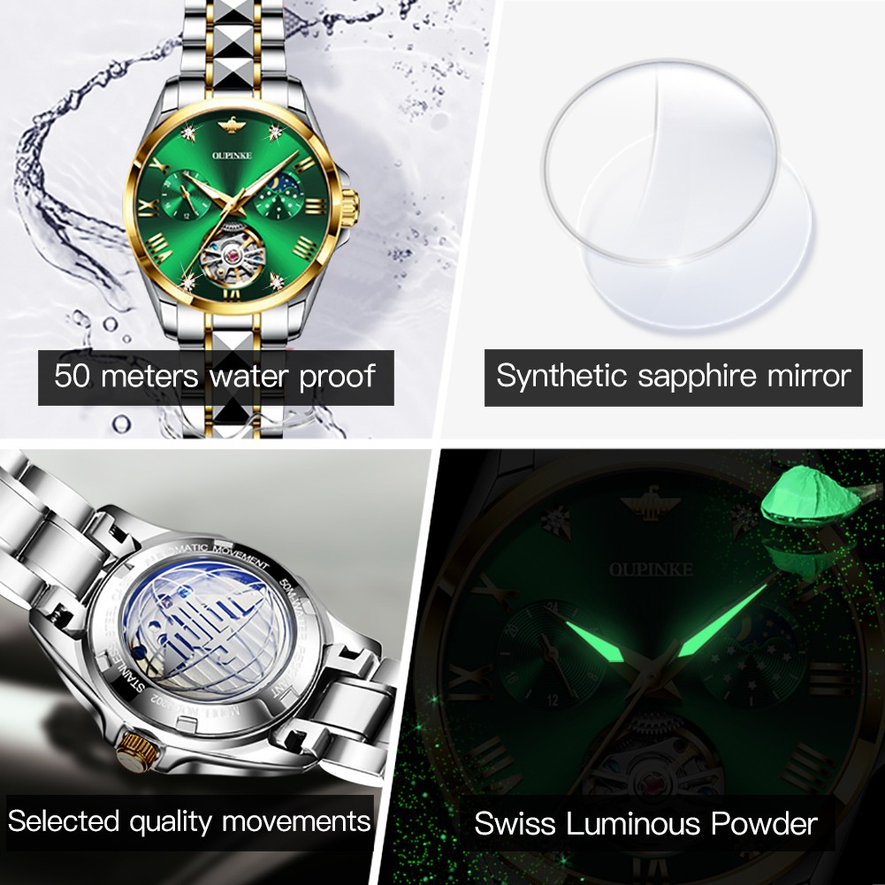 OUPINKE Luxury Watches for Women Bracelet Moon Phase Sapphire Crystal Automatic Mechanical Wristwatch Water Resistant Watch Clock