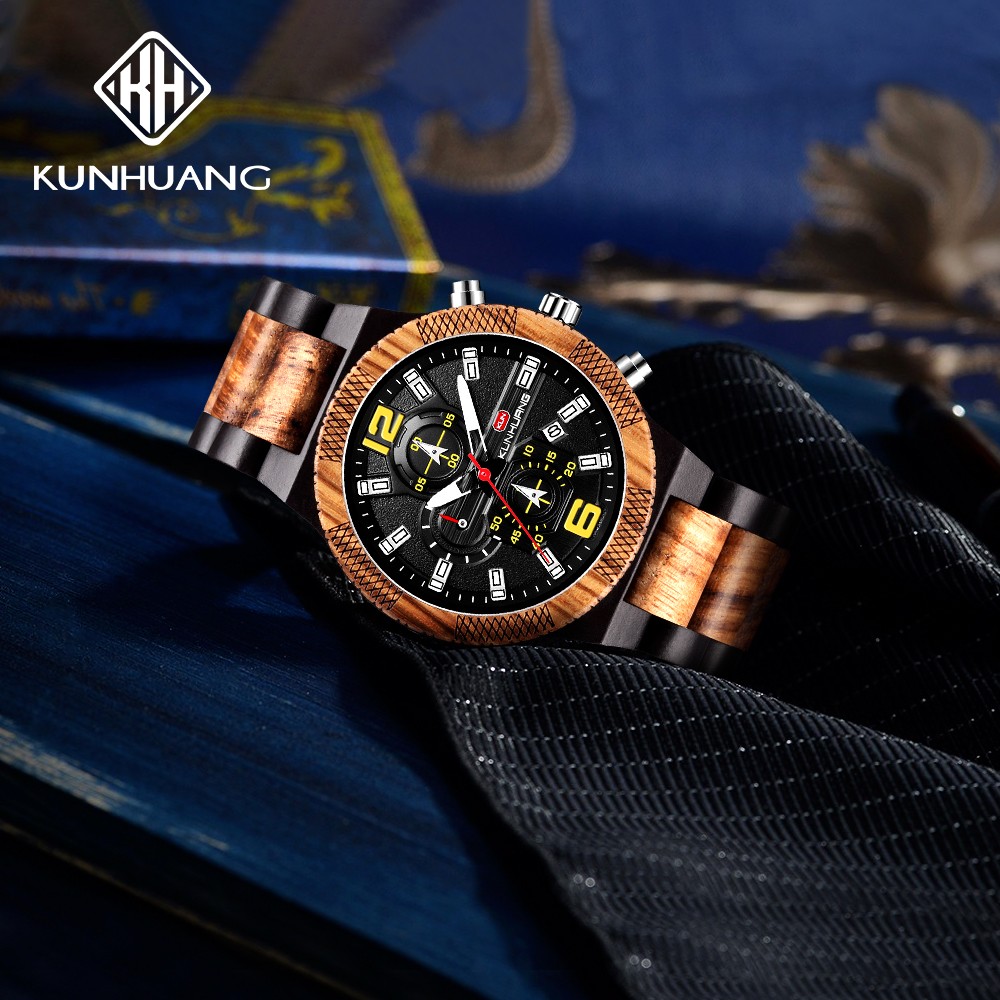 Kunhuang Luxury Wood Stainless Steel Men Watch Fashion Wooden Watches Chronograph Quartz Watches relogio masculino gift man