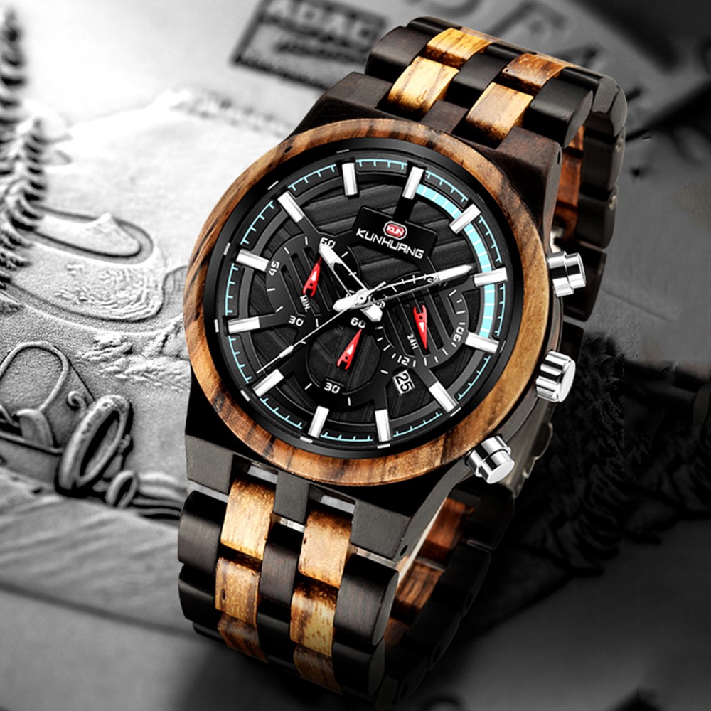 Relogio Masculino KUNHUANG Men's Wooden Watch Top Brand Luxury Stylish Chronograph Military Watches in Wooden Box reloj hom