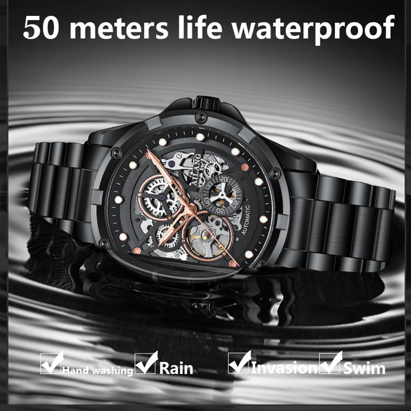 2022 AILANG Skeleton Luxury Watch Men Automatic Mechanical Watch Stainless Steel Black Waterproof Watch Relogio