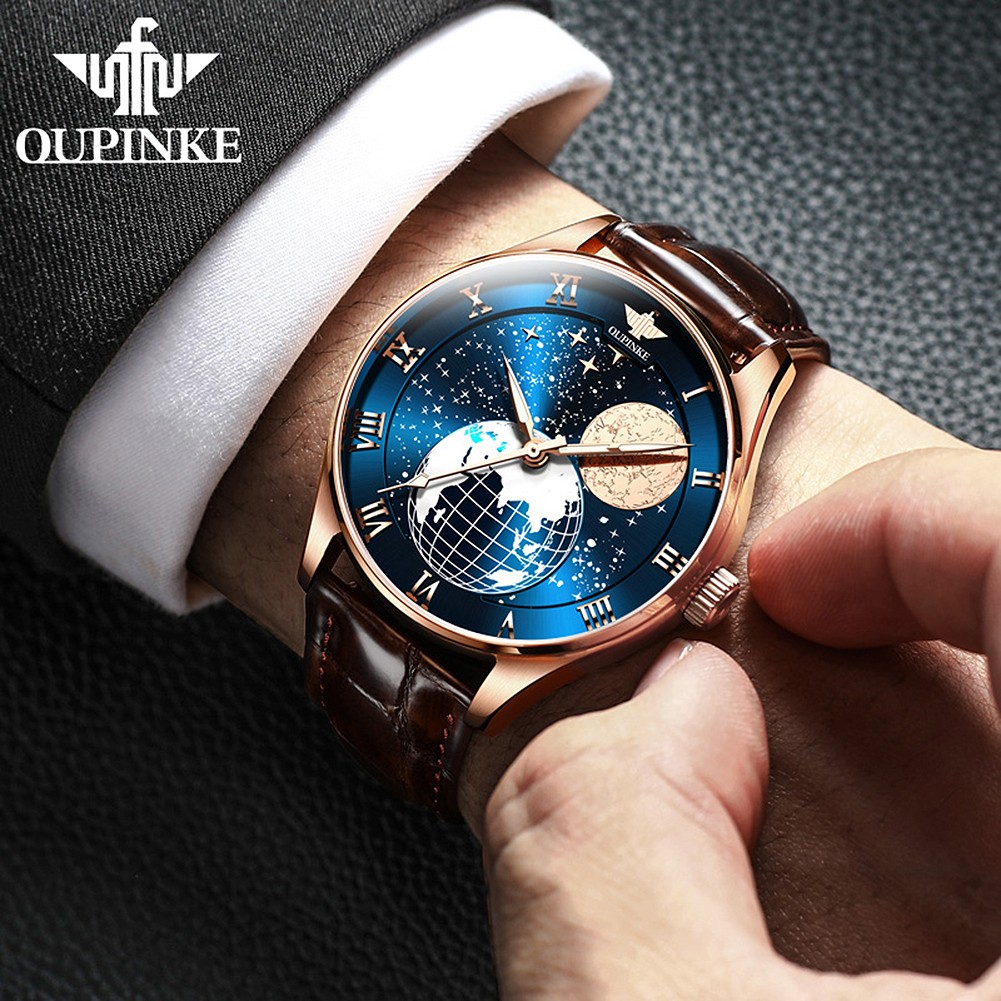 OUPINKE Men's Mechanical Watch Starry Sky Moon Phase Sapphire Crystal Glass Automatic Leather Business Wristwatch for Mature Male