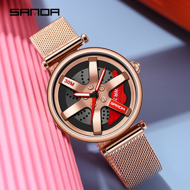 SANDA New Fashion Rotate Wheel Pattern Women's Watch Stainless Steel Waterproof Quartz Watch for Women Luxury Relogio Feminino