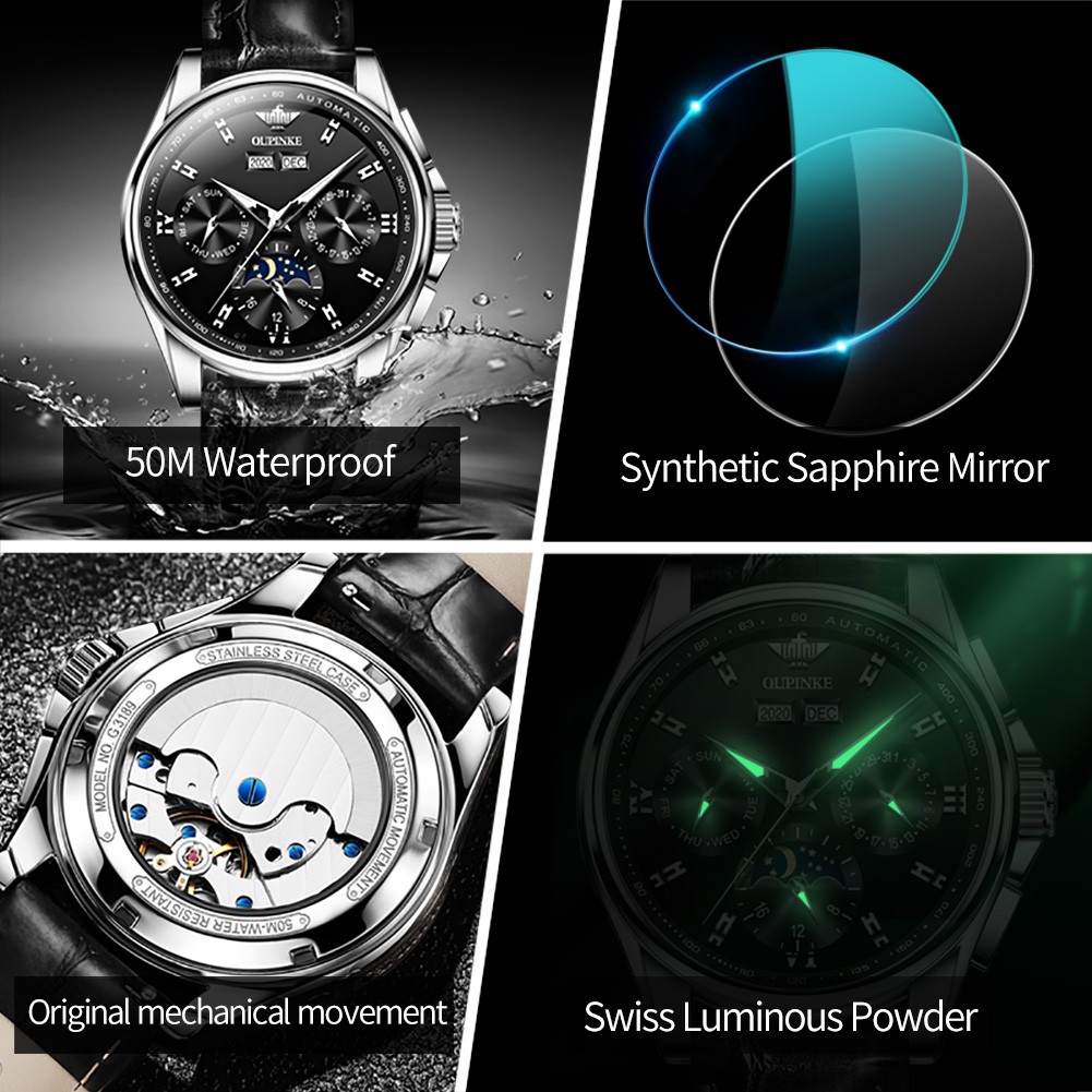 OUPINKE Luxury Automatic Men's Watch Mechanical Watches Leather Sapphire Crystal Waterproof Moon Phase Wristwatch Montre Homme