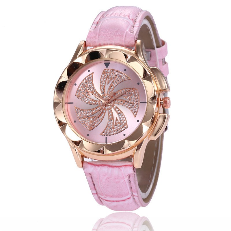 Popular windmill diamond inlaid women's quartz watch leisure bamboo style leather strap