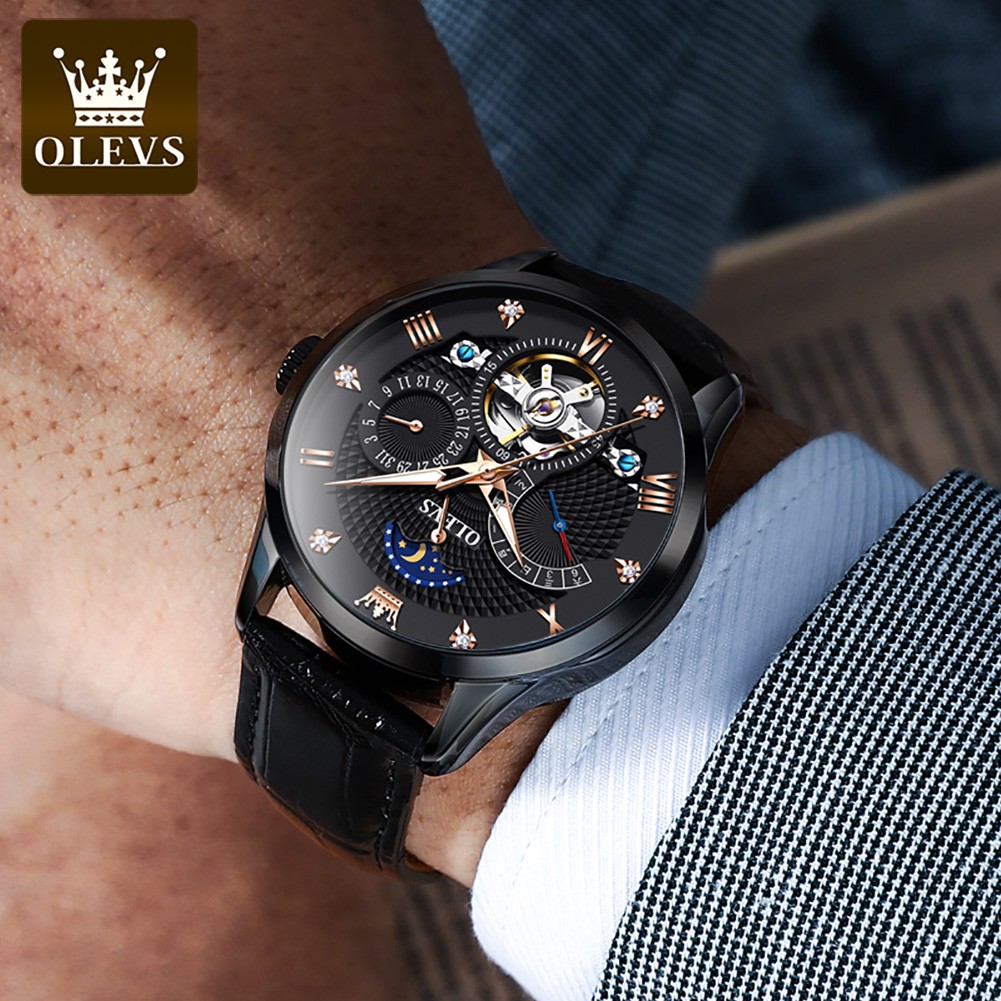 OLEVS New Luxury Men Automatic Mechanical Watch Waterproof Luminous Hollow Watches for Men Leather Strap Moon Phase Calendar