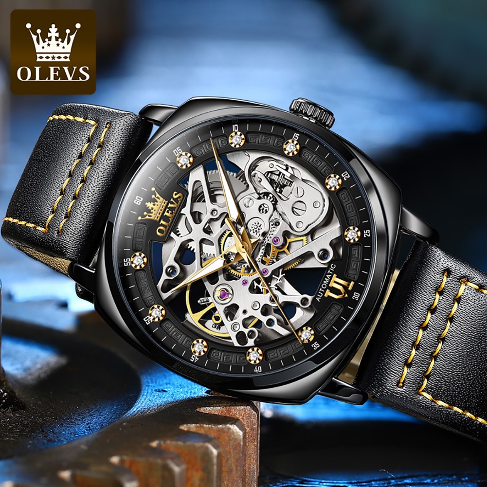 OLEVS Watch for Men Luxury Brand Diamond Automatic Mechanical Wristwatches Skeleton Design Waterproof Leather Men's Watches