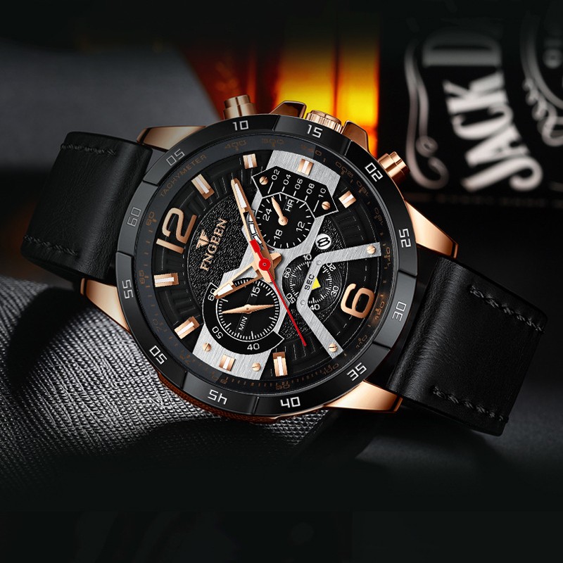 FNGEEN 2022 Fashion Men's Watches Luxury Leather Quartz Wristwatch Calendar Luminous Watch Men Business Casual Sports Watch