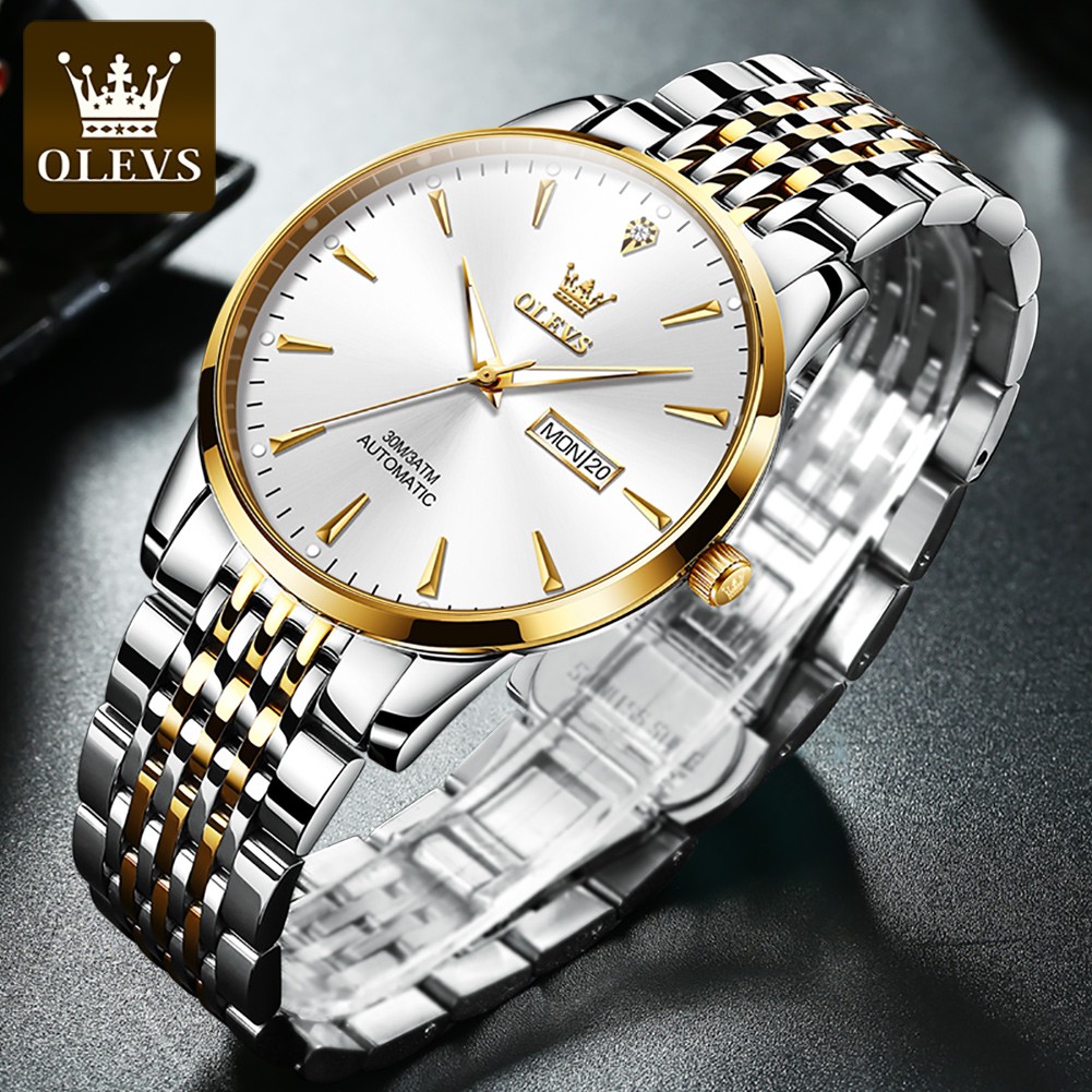 OLEVS Luxury Stainless Steel Mechanical Watches for Men Waterproof Automatic Watch Calendar Luminous Men Mechanical Wristwatches