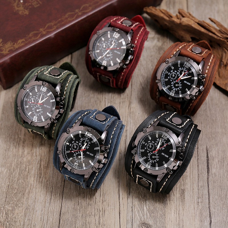 Men's Quartz Watches Jisingshu Luxury Wristwatch 2022 Cowhide Watch Band Punk Style Men's Watch Genuine Leather Wide Bracelets