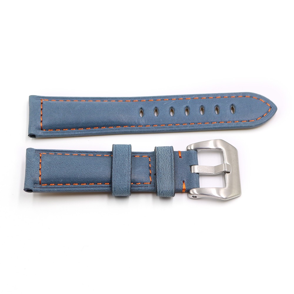 Rolamy - Watch strap 22 24mm, polished silver buckle watch strap, blue, genuine leather, handmade, thick, antique