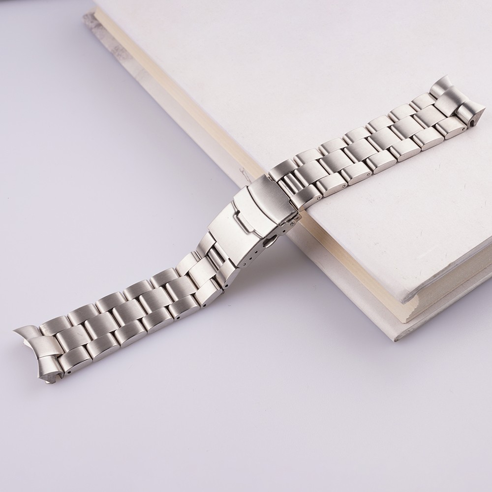 Rolamy 22mm Silver All Brushed Solid Curved End Links Replacement Watchband Bracelet Double Push Clasp For Seiko SKX 007