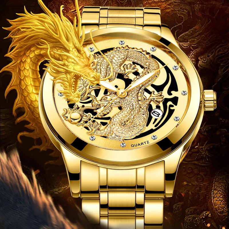 FNGEEN Mens Watches Luxury Brand Chinese Golden Dragon Quartz Watch Diamond Dial Stainless Steel Watch Male Relogio Masculin