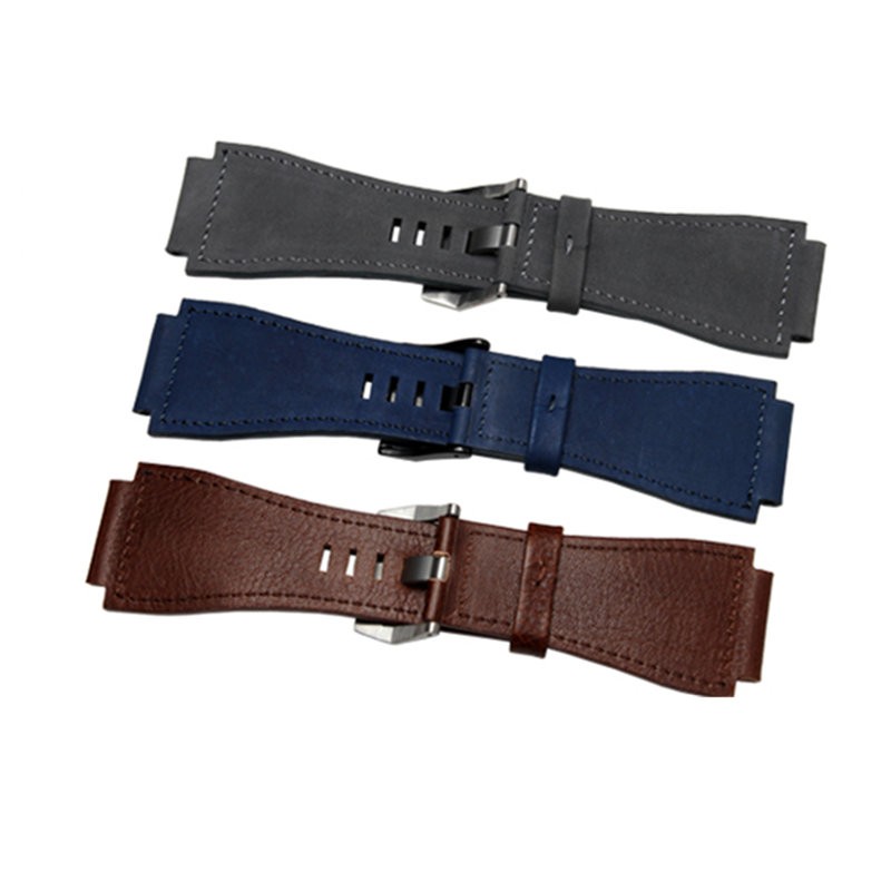 34mm*24mm Gray Blue Brown Leather Watch Band 3mm Thick Strap Belt Silver Black Pin Tongue Buckle