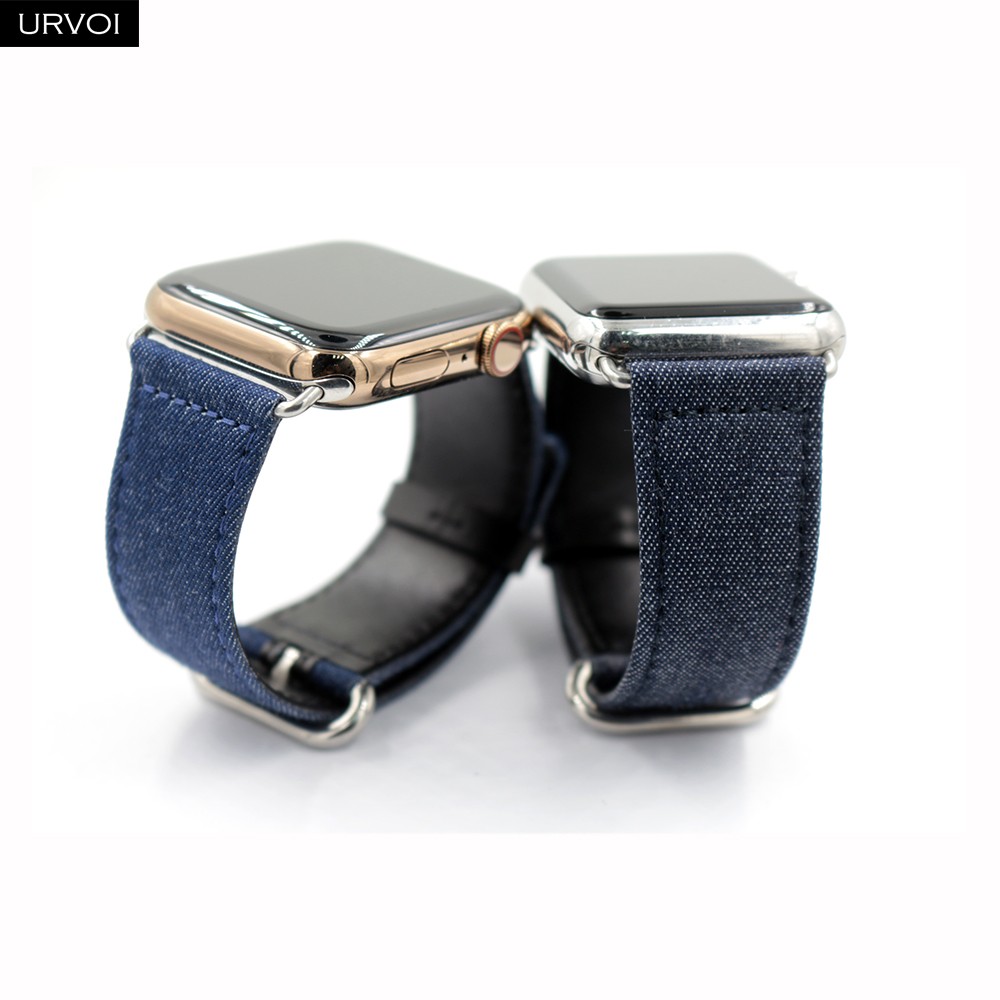 URVOI Band for Apple Watch Series 7 6 SE 5 4 3 2 1 Strap for iwatch Blue Denim Jeans Leather Back Band Classic Buckle 41 45mm