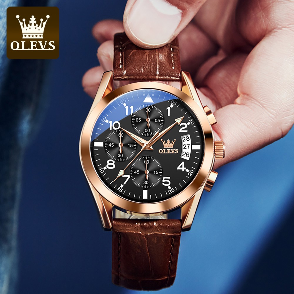 OLEVS Watch 2022 New Fashion Casual Mens Watches Luxury Brand Quartz Watch Premium Leather Waterproof Chronograph Watch for Men