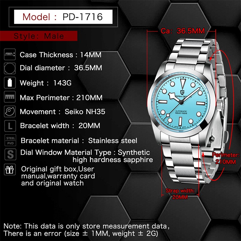 PAGANI Top Brand Design Automatic Men's Watch Stainless Steel 10Bar Waterproof Mechanical Watch for Men NH35 Sapphire Glass Watch