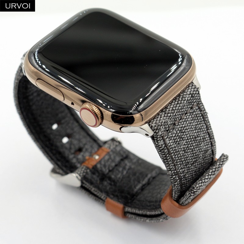 URVOI strap for apple watch 7 6 SE 5 4 3 2 1 band for iwatch canvas band 41 45mm outboard style leather back watch accessoiries