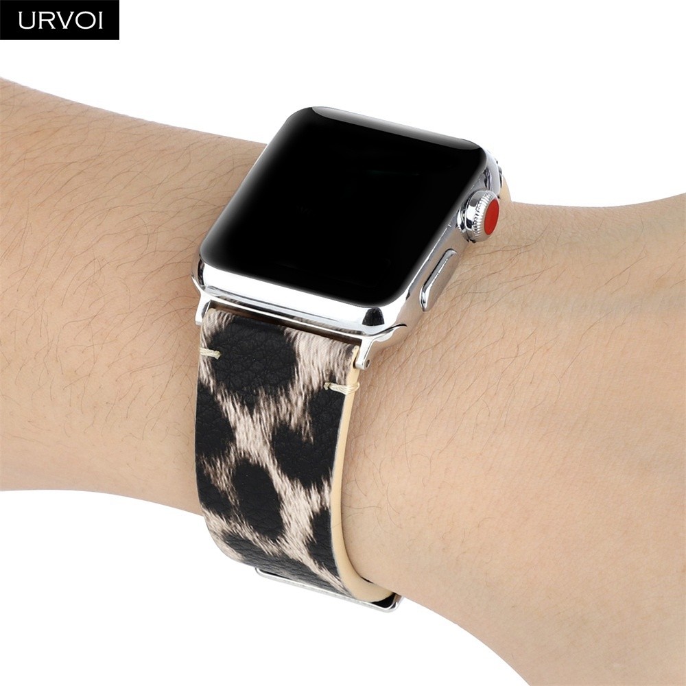 URVOI الفرقة ل أبل سلسلة ساعة 7 6 5 4 3 2 1 SE بولي leather الجلود مع ليوبارد طباعة حزام ل iWatch ستوكات التصميم الحديث