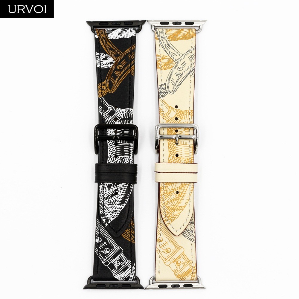 URVOI Printed One Round for Apple Watch Series 7 6 SE 5 4 3 2 Band Swift Leather Strap for iWatch 41 45mm Handmade Wristwatches 2020